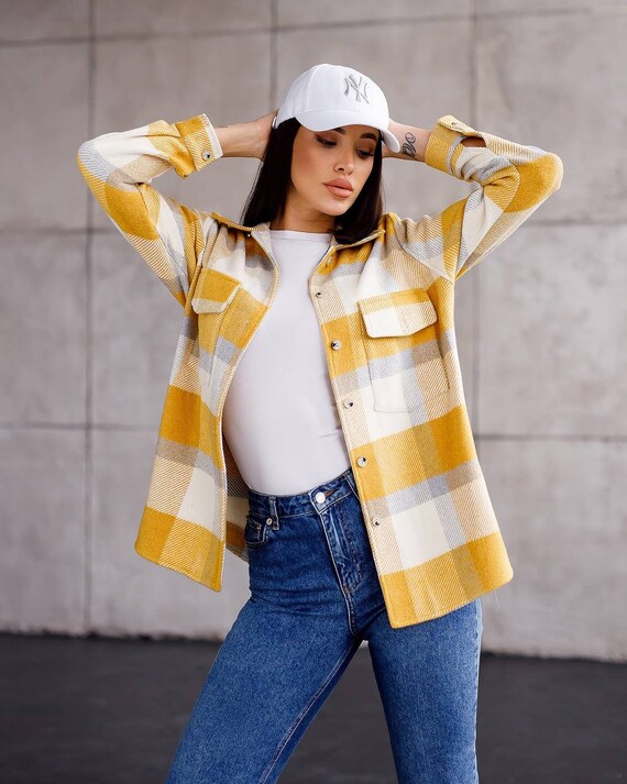 Yellow plaid jacket womens sale