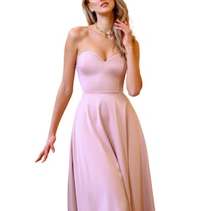 Light pink satin midi dress without sleeve, Satin Midi Corseted Dress with circle skirt and sweetheart neckline for prom party, birthday
