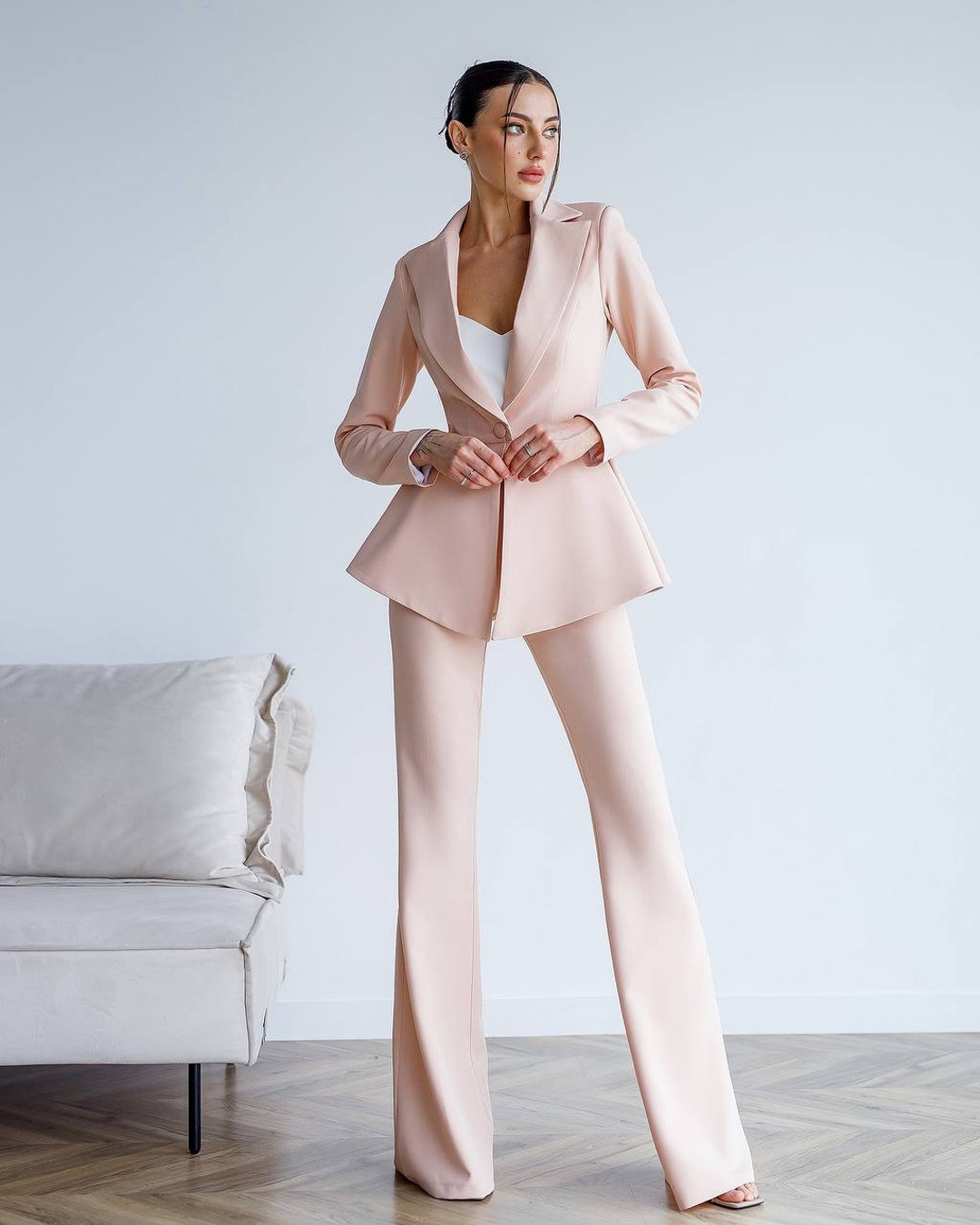 Beige Pantsuit With Peplum Blazer for Women, Combination of Trend and ...