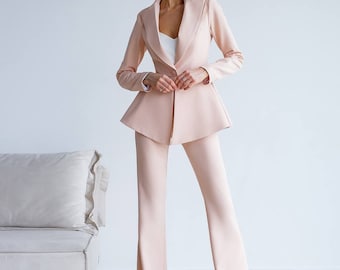 Beige Pantsuit with Peplum Blazer for Women, Combination of Trend and Classics Pantsuit Tall Women, Wedding Guest Pants Suit Womens