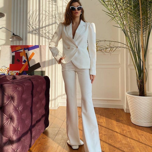 White Bell Bottom Pants Suit Set With White Blazer Puffed - Etsy