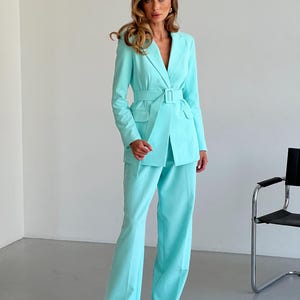 Mint Blue formal pantsuit Tall Women, Wide Leg Pants High Rise, Belted Blazer, Office Core Statement pantsuits for work, Women in Corporate