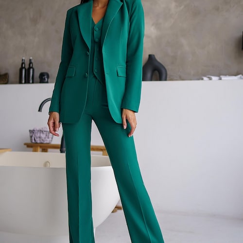 Emerald Green Waistcoat and Blazer Pantsuit for Tall Women Emerald Green Waistcoat and Blazer Pantsuit for Tall Women