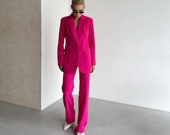 Hot Pink Pantsuit with Vest, Women's Business Suit
