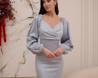 Silver Gray Satin Midi Dress with Long Sleeves, Midi cocktail Dress for Women, Elegant Evening Silk Satin Dress