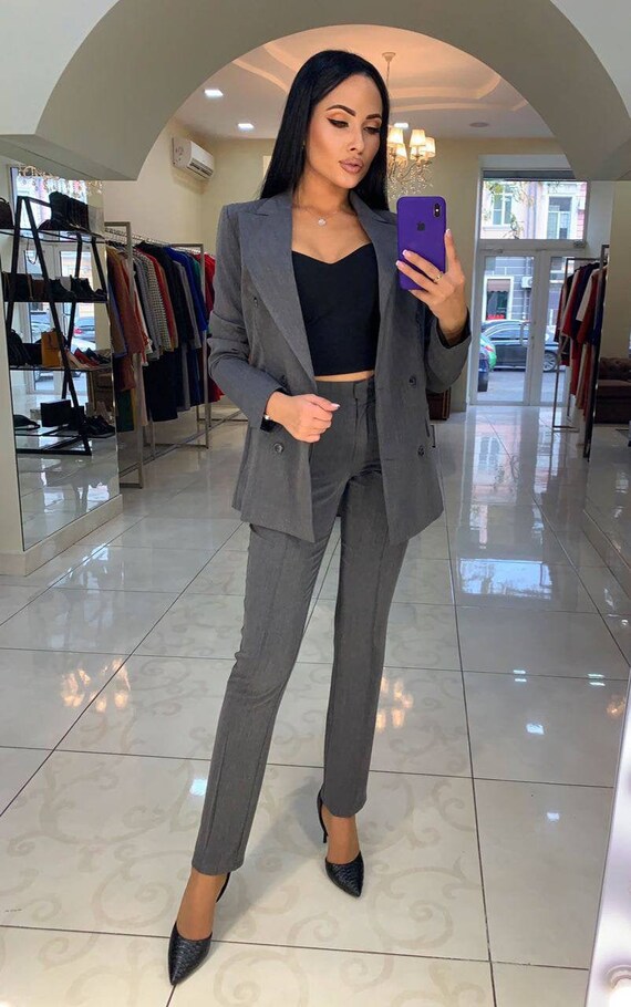 Gray 2-piece Blazer Trouser Suit for Women Gray Pantsuit | Etsy