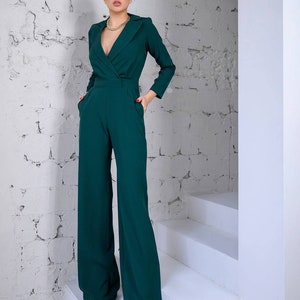 Emerald Green Formal Jumpsuit Womens, Womens Jumpsuit, Women Onepiece for Wedding Reception, Birthday Outfit, Jumpsuit with Long Sleeves