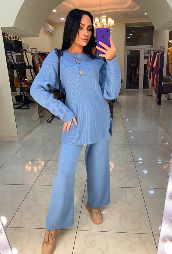 Blue Wool Knit Pants for Women Knit 