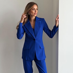 Royal Blue 3-piece Pantsuit with Cropped Top, Classic pants and Single breasted blazer, Summer Corporate Style for Women