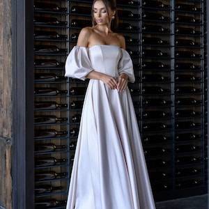 Handmade White Satin Maxi Dress: Off-Shoulder Corset Wedding Gown