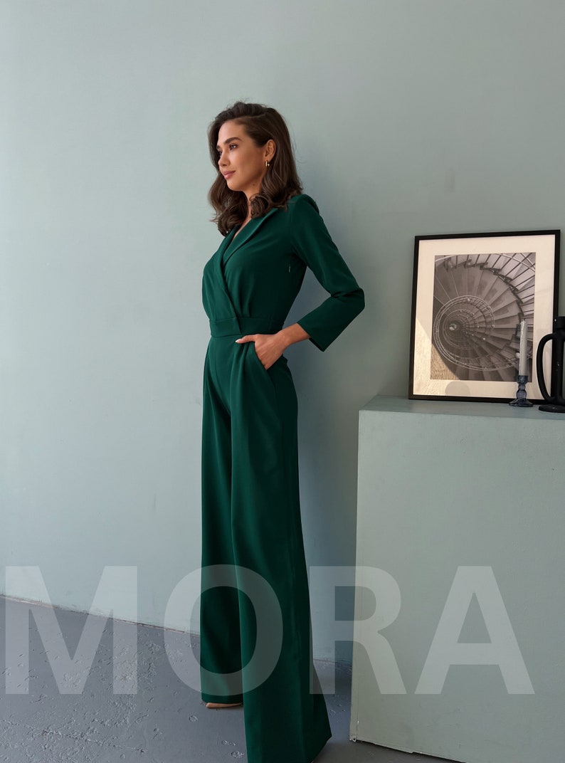 Emerald Green Formal Jumpsuit TALL Women, Womens Jumpsuit, Women Onepiece for Wedding Guest, Birthday Outfit, Jumpsuit with Long Sleeves image 7