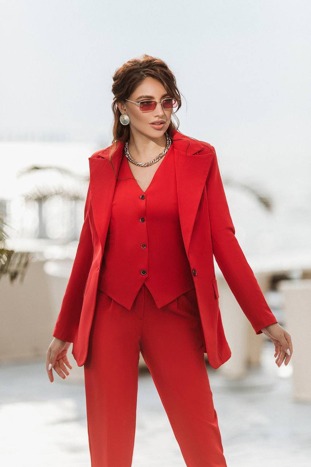 Red Office Women 3 Piece Suit With Slim Fit Pants, Buttoned Vest and ...