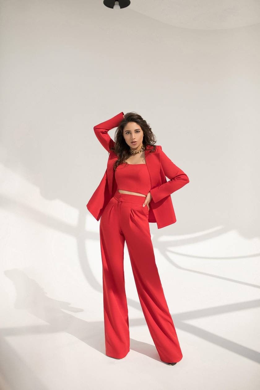 Women's Suit 3 Piece Long Sleeved Blazer and Adjustable Waist Pants Suits  for Work Red
