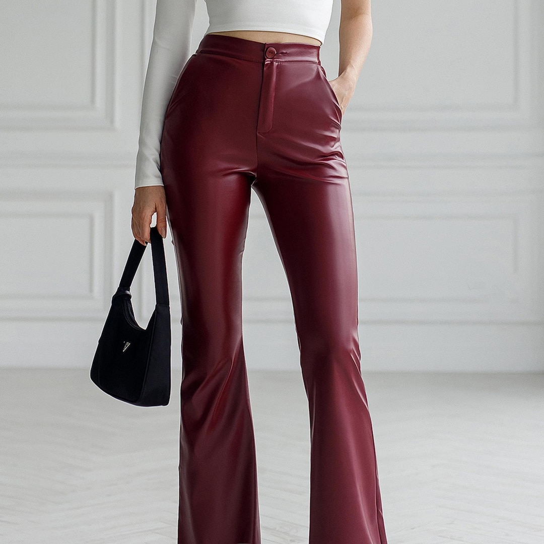 Weite Hose Hose Lederimitat Rot Vegane Lederhose Damen, Kunstleder