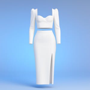 White Skirt Suit Set for Women, Black Crop Top with Long Sleeves and Midi Pencil Skirt with Side Slit, White Bridal Suit with Skirt