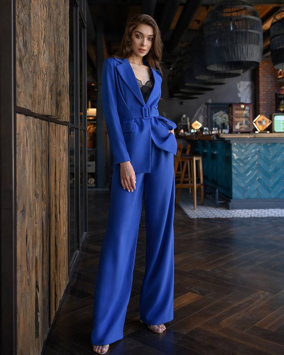 Blue Blazer Suit Set for Women, Wide Leg Pants High Rise, Belted Blue  Blazer for Women, Blue Trouser Blazer Set for Women, Office Wear Women 