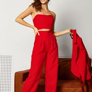 Red Womens Suit, Office Women 3 piece Suit with Wide Leg High Waist Pants, Wrap Blazer with Belt and Corset Top Bralette
