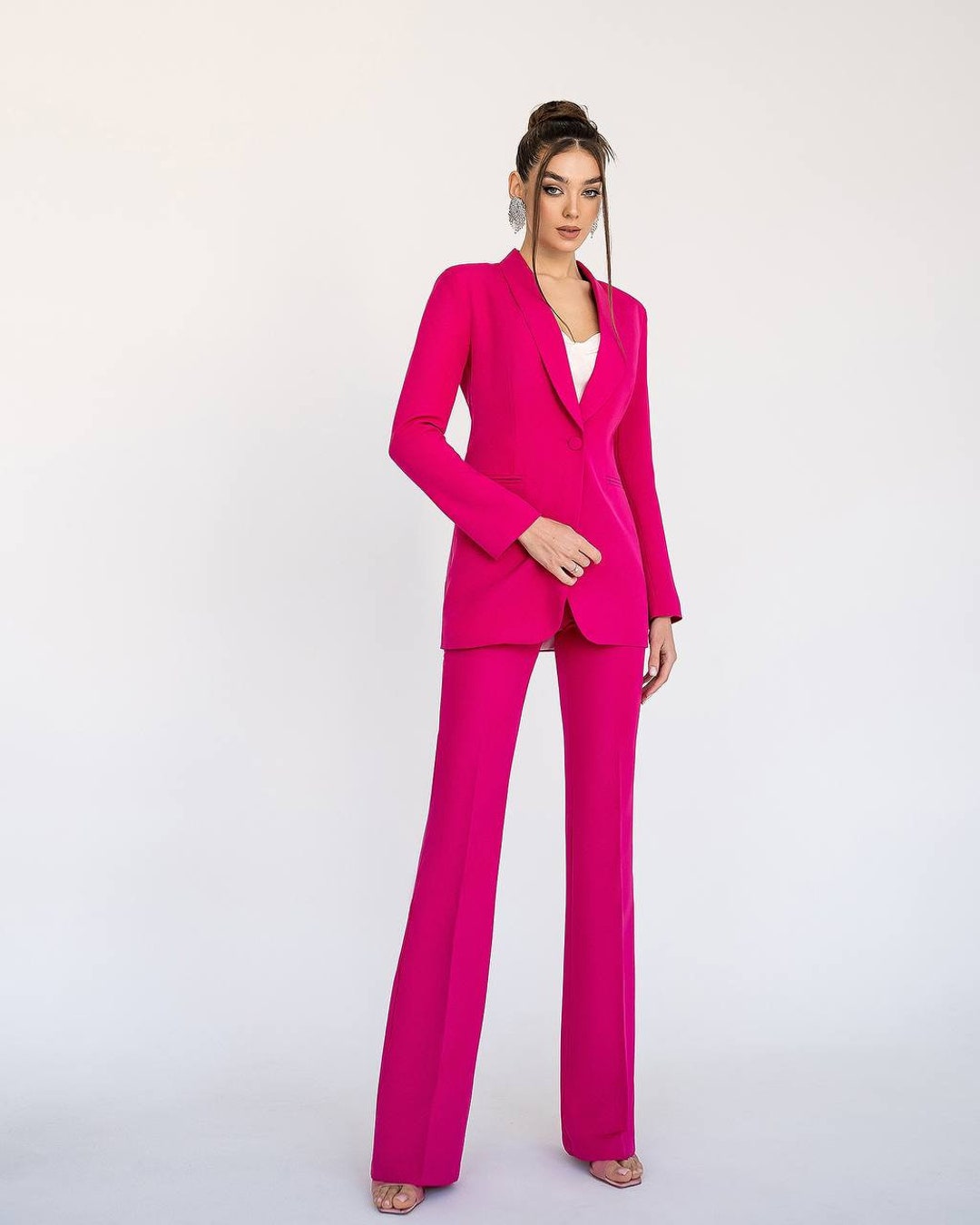 Hot Pink Flared Pants Suit Set With Blazer, Pink Blazer Trouser Suit ...