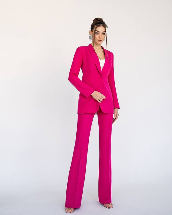 Hot Pink Flared Pants Suit Set With Blazer, Pink Blazer Trouser Suit for  Women, Hot Pink Formal Suit for Office 