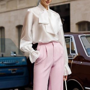 White Organza Sheer Blouse Polka Dot, White Chic Blouse with Bow tie for Classy Women, Elegant Sheer Blouse with Bow neck, Chic office wear