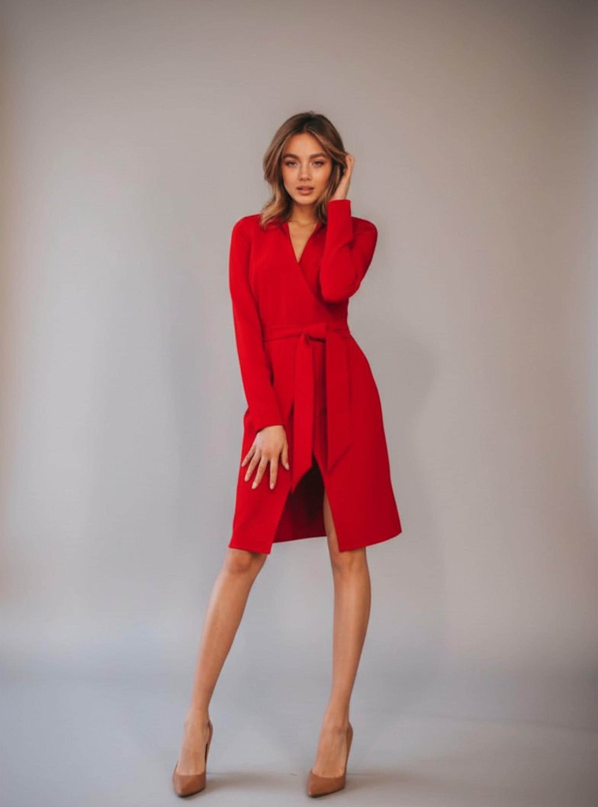 red smart casual dress Red Full Sleeved Office Dress Organza Cotton Dress Red and Black Fitted  Waist an