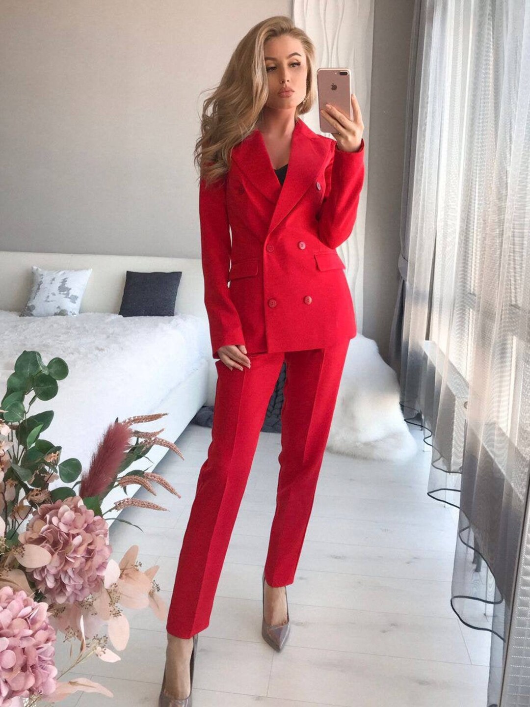 de traje rojo para mujer pantalón formal - Etsy España