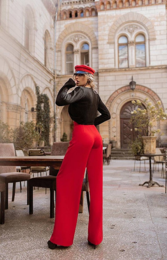Red Women's High Waist Trousers, Wide Leg Pants for Women, Red Palazzo  Pants for Women, Tall Women Palazzo Pants High Rise, Business Casual 