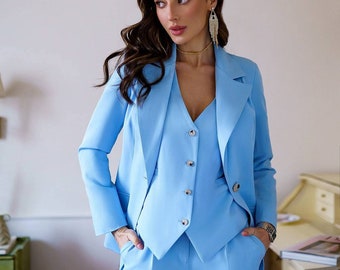 Light Blue Womens Blazer Suit, 3-piece womens Pantsuit set, Blue Blazer Trouser Suit for Women, Formal Office Pantsuit for women