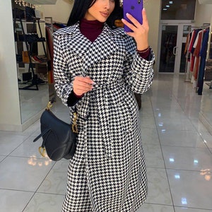 Houndstooth Coat Womens Long Wool Coat Belted Wool Coat for - Etsy