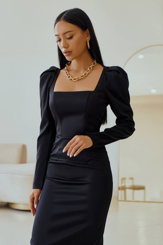 Black Satin Midi Dress Long Sleeve Midi 