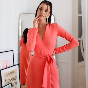 Coral Pink Pink Maxi Wrap Dress, Elegant and Classy Maxi Long Sleeves Wrap Dress, Effortless Grace for Every Occasion, Modest Maxi Dress