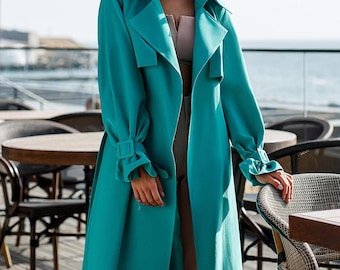 Turquoise Double-Breasted Trench Coat with Belt and Adjustable Cuffs