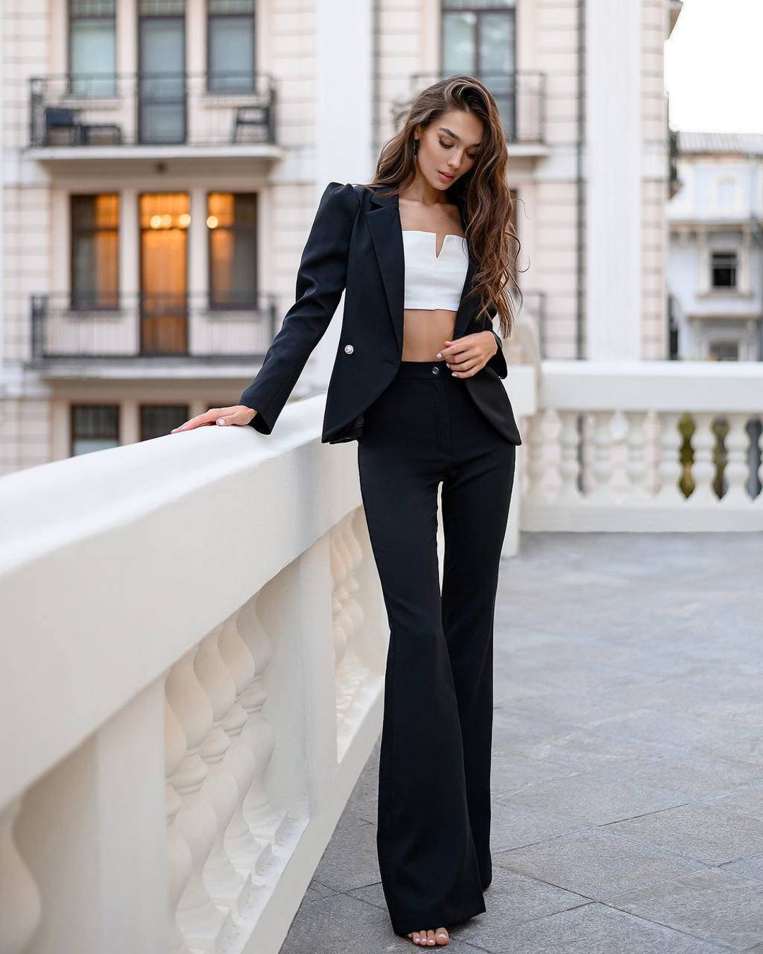Black Bell Bottom Pants Suit Set With Blazer, Puffed Sleeve Blazer for  Women, Black Trouser Set for Women, Black Pantsuit Set Womens 