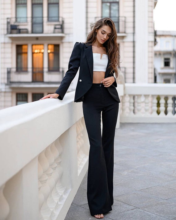 Black Bell Bottom Pants Suit Set With Blazer, Puffed Sleeve Blazer
