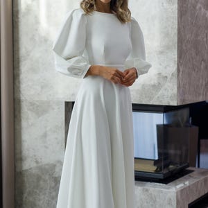 White  Open Back Midi Dress Voluminous Sleeves, White Midi Dress for Civil Wedding, Elopement Dress with Sleeves