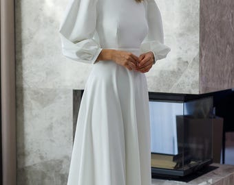 White Midi Sleeved Dress with Open Back for Elopement