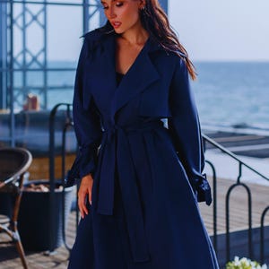 Navy blue Cotton Trench Coat for City Women, Belted Trench Coat for Warm Fall, Double-Breasted Trench Coat in Classic style
