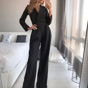 Black Formal Jumpsuit Womens, Black Womens Jumpsuit, Women Onepiece for Wedding Reception, Birthday Outfit, Jumpsuit with Long Sleeves