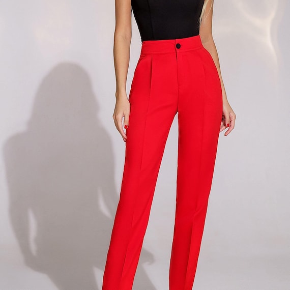 Cotton High-waisted Cigarette Pants for Office Women