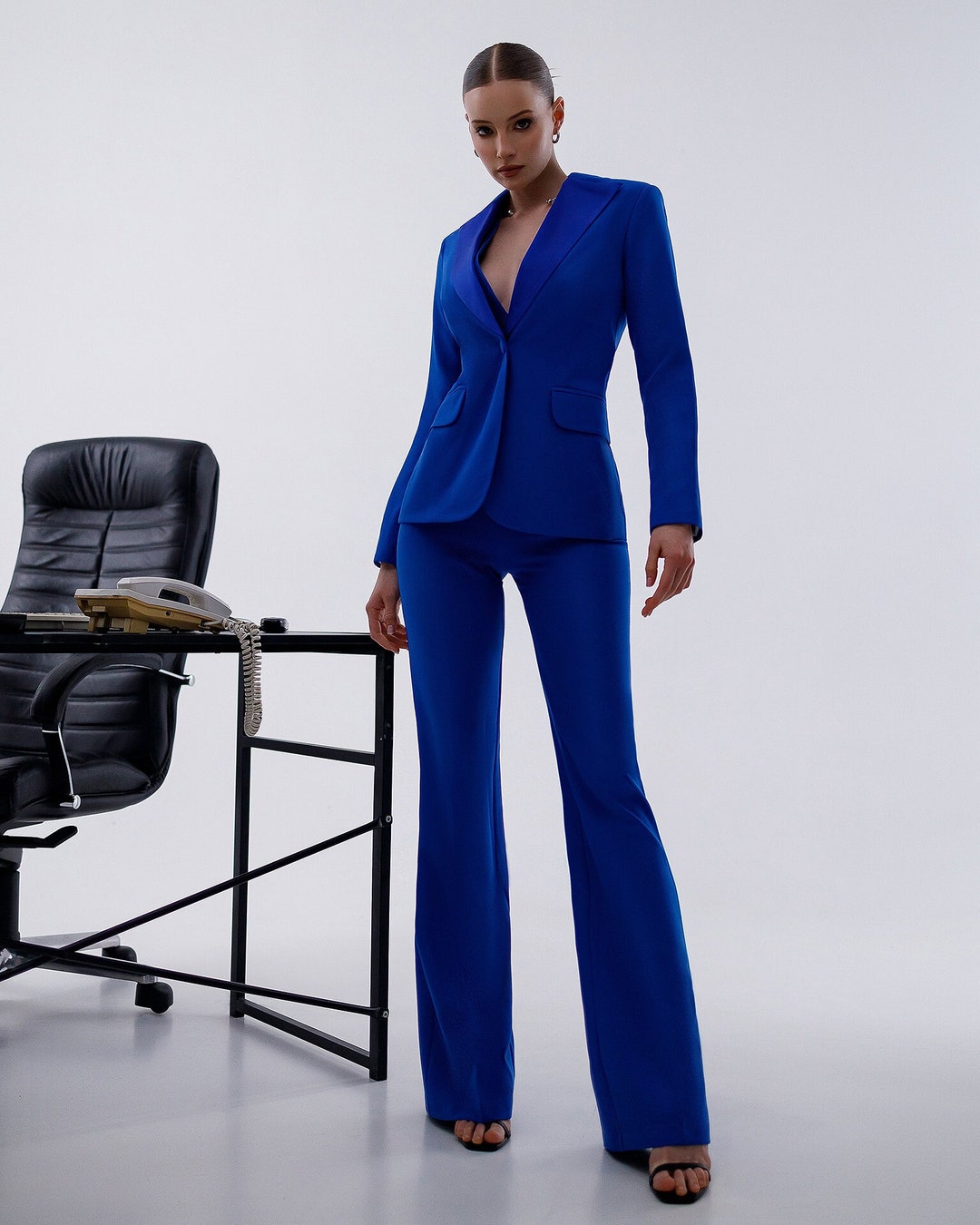 Royal Blue Formal Pantsuit for Women With Satin Lapel Collar Blazer ...