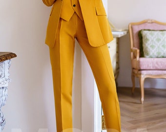 Tailleur-pantalon jaune moutarde pour femme, Tailleur pantalon clair pour  femme, Tailleur-pantalon pour femme d'affaires avec gilet,