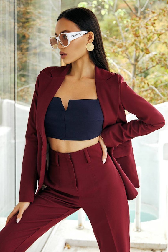 Burgundy Blazer Set for Women Formal 