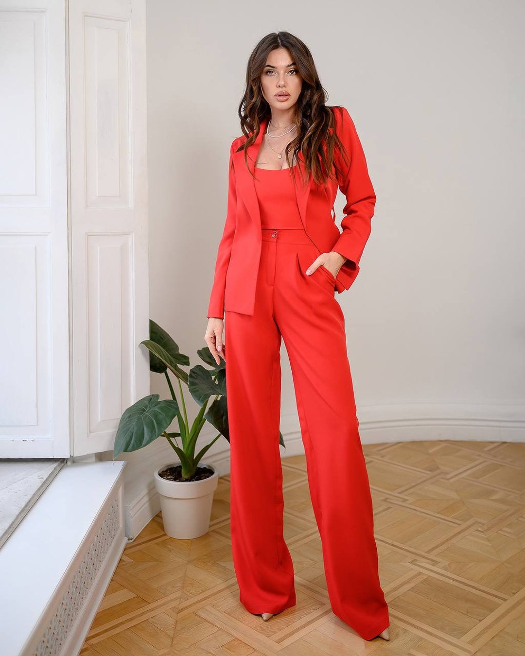 Red Womens Suit Office Women 3 Piece Suit With Wide Leg High Etsy