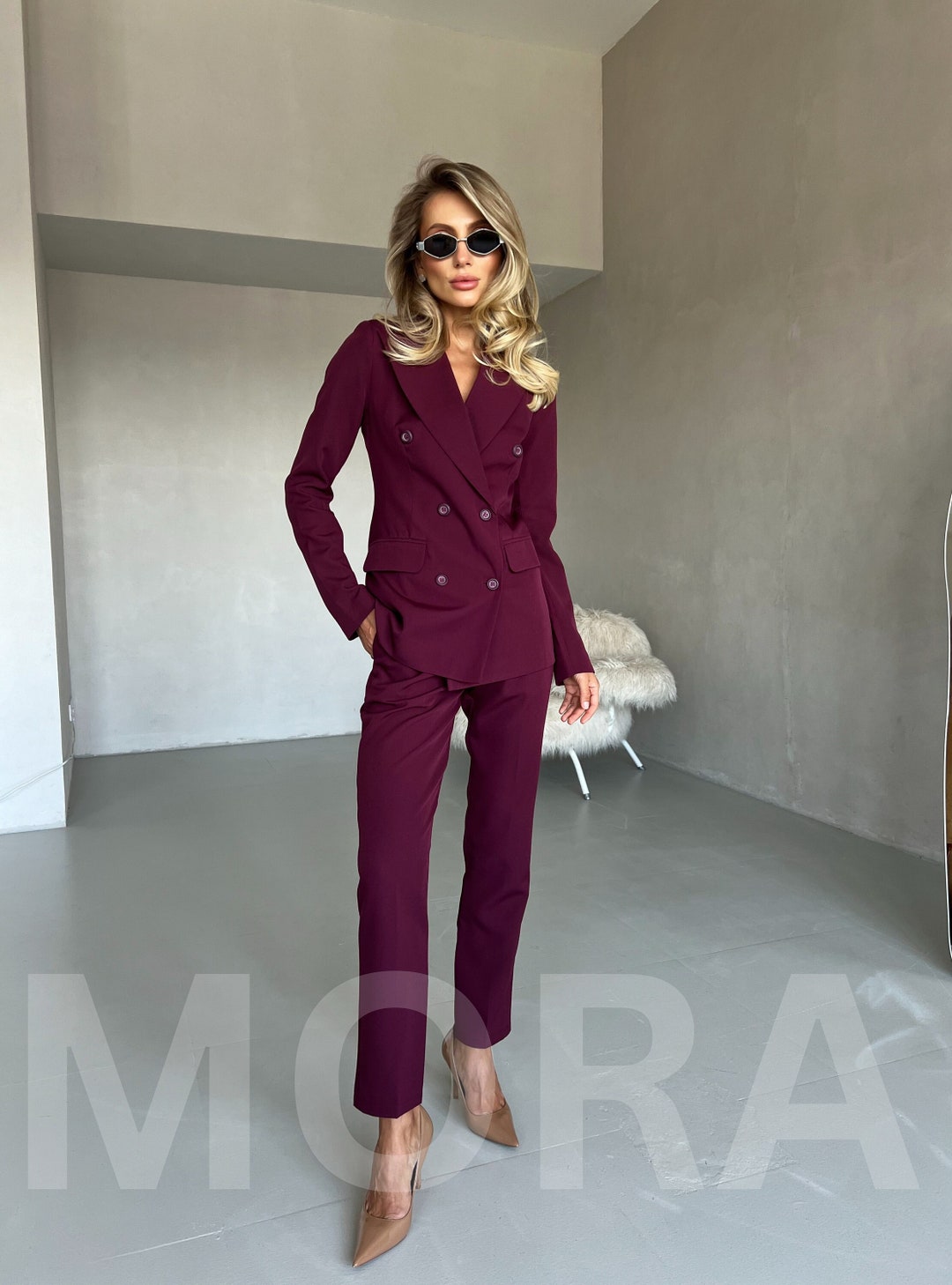 Pantalon blazer bordeaux pour femme, Tailleur-pantalon formel pour