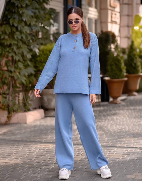 Pantaloni in maglia di lana blu per le donne, set di pantaloni in maglia,  pantaloni in