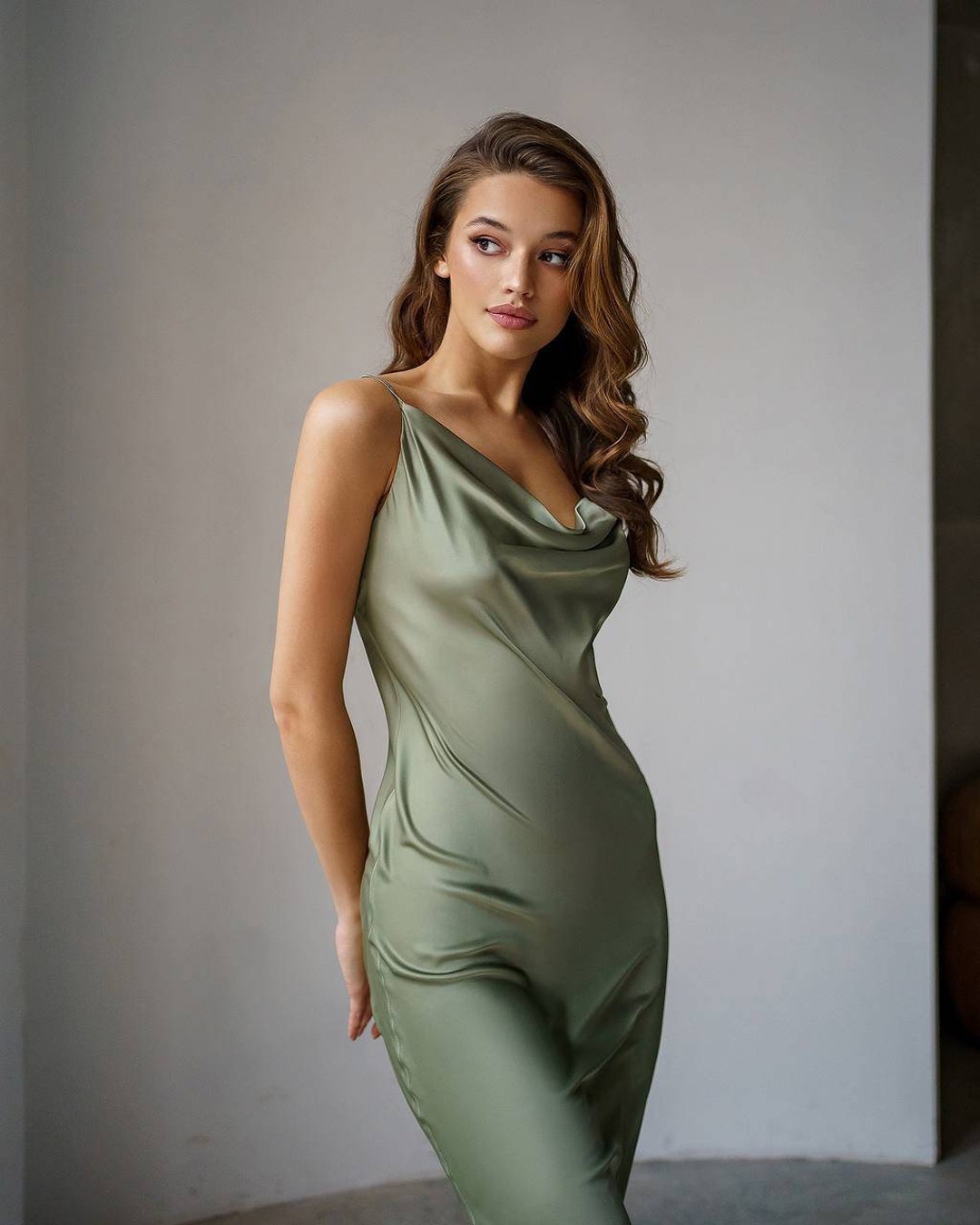 Audrey Bias Cut Midi Silk Slip Dress in Opal main image 1