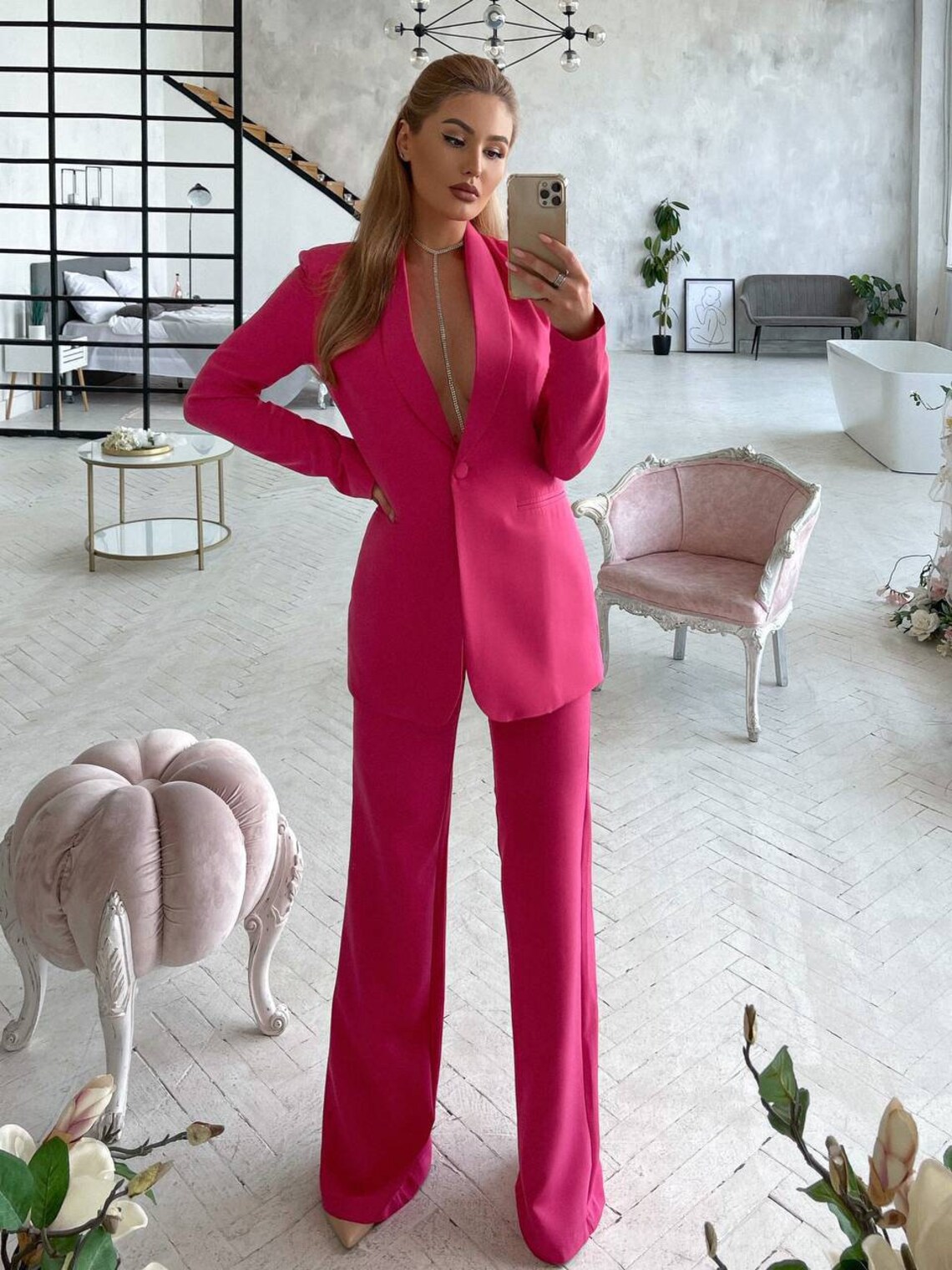 Hot Pink Bell Bottom Pants Suit Set With Blazer Pink Blazer - Etsy