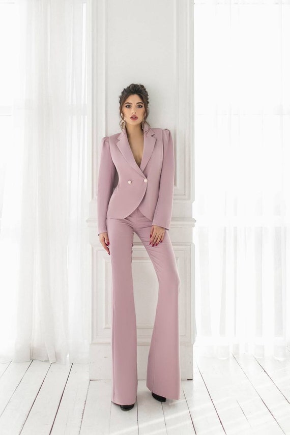 Dusty Pink Bell Bottom Pants Suit Set With Blazer Puffed Sleeve Blazer for  Women Rose Gold Trouser Set for Women Pink Pants Suit Set Women 