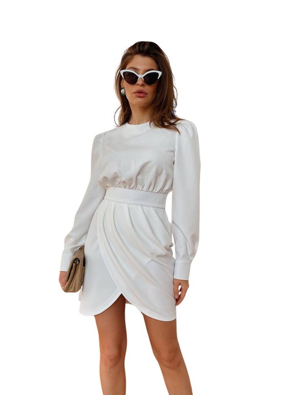 White Mini Dress with Long Sleeves, White Short Dress, White spring Dress, Puffed sleeve Dress white, Short Wedding Dress