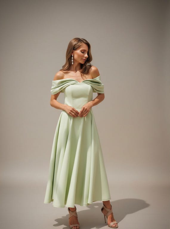 sage green off the shoulder dress Sweetheart Off-shoulder A-line Tulle Long Prom Dress, PD3389 SposaBridal evening party or any other occasions Embracing timeless elegance in this
